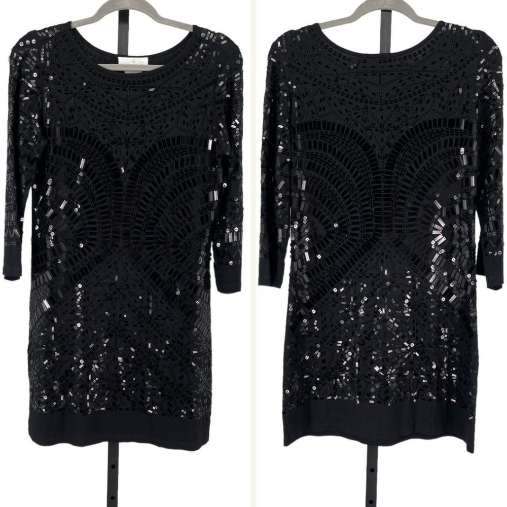 Soft Surroundings Patterned Sequin Dress XS Stretch Jersey 3/4 Sleeve Oversized